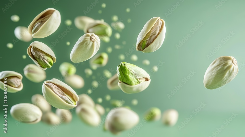 Falling Pistachio Nuts Green Background 3D Render Falling Pistachio Nuts Green Background 3D Render