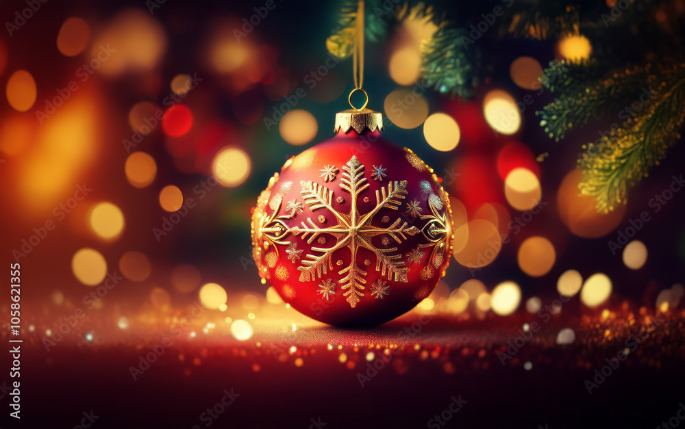 A single red Christmas ornament with a gold snowflake design hangs from a branch against a bokeh background. A single red Christmas ornament with a gold snowflake design hangs from a branch against a bokeh background.