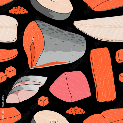 Cartoon sliced fish meat. Red fish pieces, white fish, delicious sashimi slices, hake, pangasius, mackerel, salmon steak and fillet flat vector illustration seamless pattern