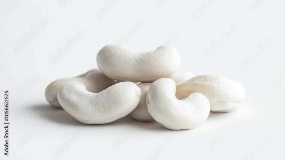 White cashews on a white background, minimalist style, texture details