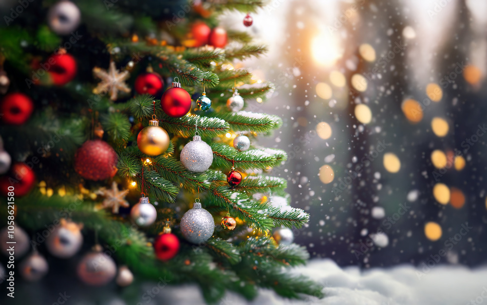 A close-up of a decorated Christmas tree with ornaments and lights against a snowy background. A close-up of a decorated Christmas tree with ornaments and lights against a snowy background.