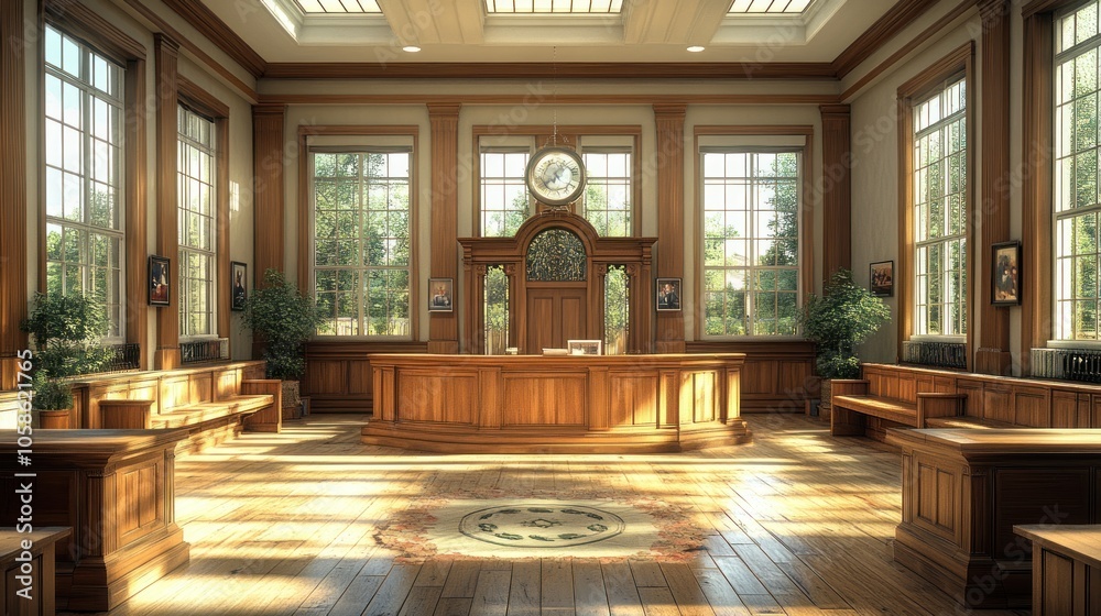 Fototapeta premium Elegant courtroom interior with wooden furnishings and large windows.