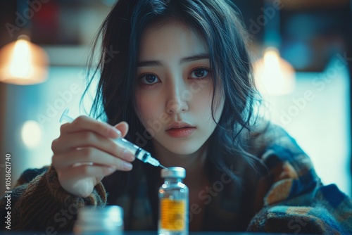 Anti drug, drug addict asian young woman, girl hand reaching for syringe, medicament with narcotic on table at home, abuse overdose. Sick pain of health, unhealthy people. depressed or, Generative AI photo