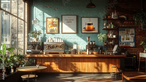 Modern Café with Stylish Interior Design, Cozy Atmosphere, and Contemporary Coffee Bar Setup