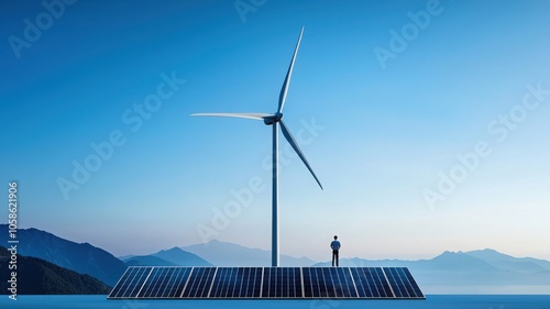 A person stands on solar panels beside a wind turbine, showcasing renewable energy technology against a serene landscape.