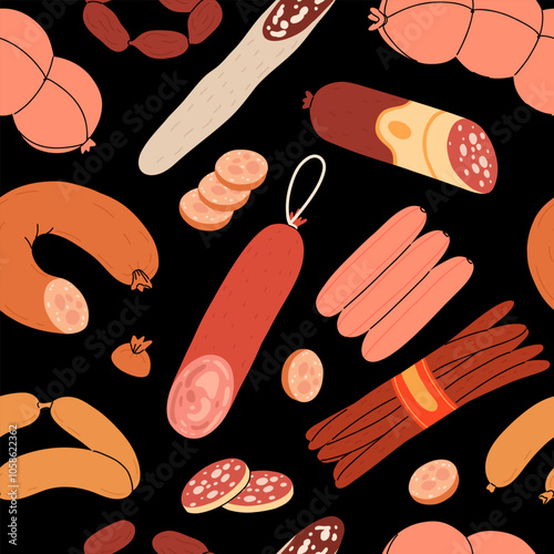 Seamless pattern of boiled and smoked sausage products, frankfurter, whole sausage, half, sliced, boiled pork, string of sausages. Food, meat dish. Color vector illustration isolated on white