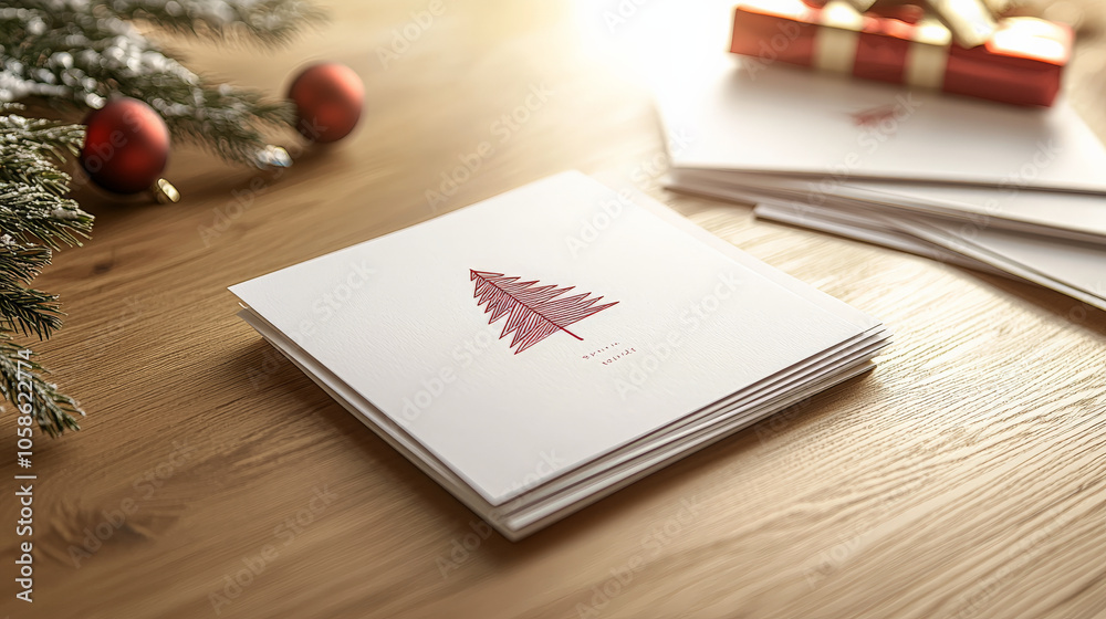 stack of modern minimalist Christmas cards featuring red tree design, surrounded by festive decorations and warm, inviting atmosphere stack of modern minimalist Christmas cards featuring red tree design, surrounded by festive decorations and warm, inviting atmosphere