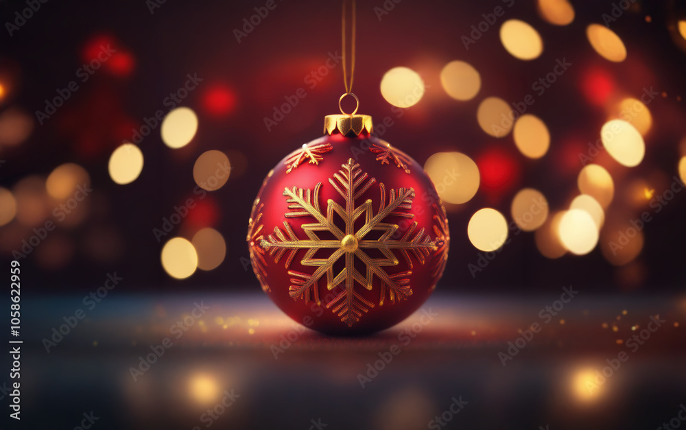 A single red Christmas ornament with a gold snowflake design hangs against a dark background of blurred lights. A single red Christmas ornament with a gold snowflake design hangs against a dark background of blurred lights.