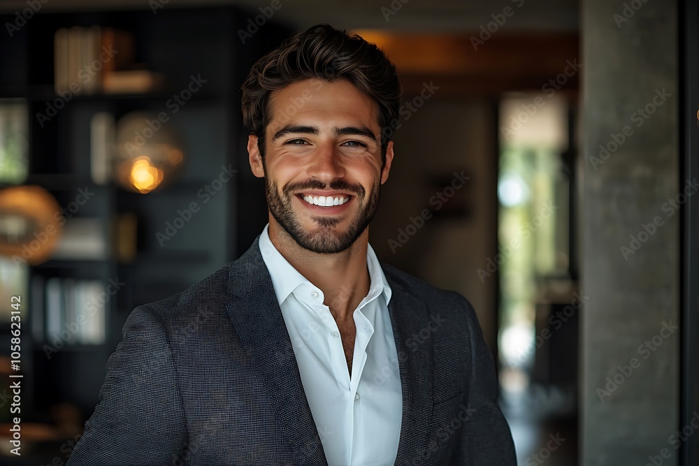 Confident Businessman in Modern Office with Warm Smile Confident Businessman in Modern Office with Warm Smile