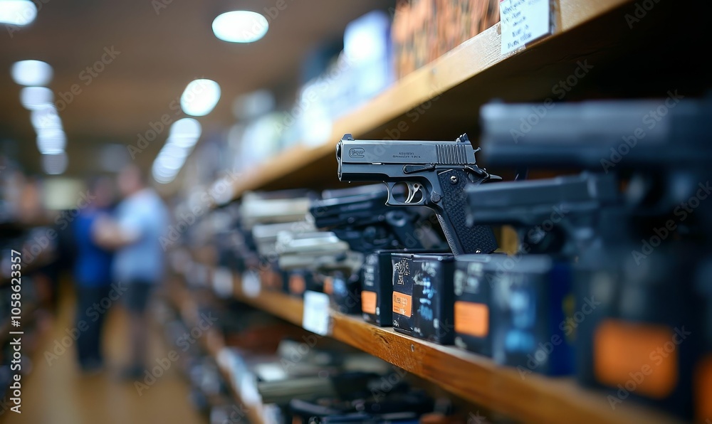 Handguns on shelves in a gun store. Handguns on shelves in a gun store.