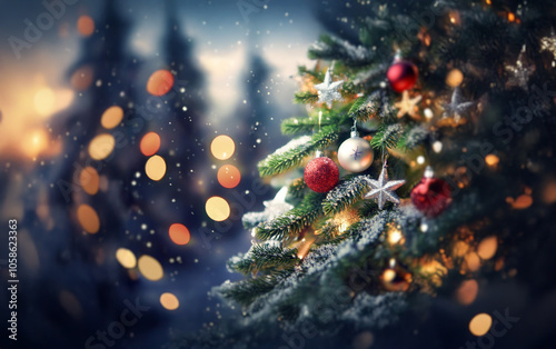 A decorated Christmas tree with red and silver ornaments, snow-covered branches, and twinkling lights in the background.