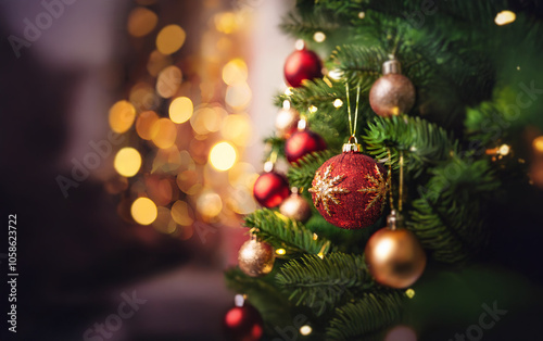 A decorated Christmas tree with red and gold ornaments, with a blurry background of twinkling lights.