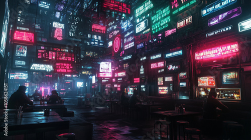 Neon-lit cyberpunk cityscape featuring glowing signs and silhouettes in a futuristic urban environment