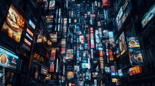 Futuristic urban landscape with vibrant neon signs, digital advertisements, and towering buildings photo