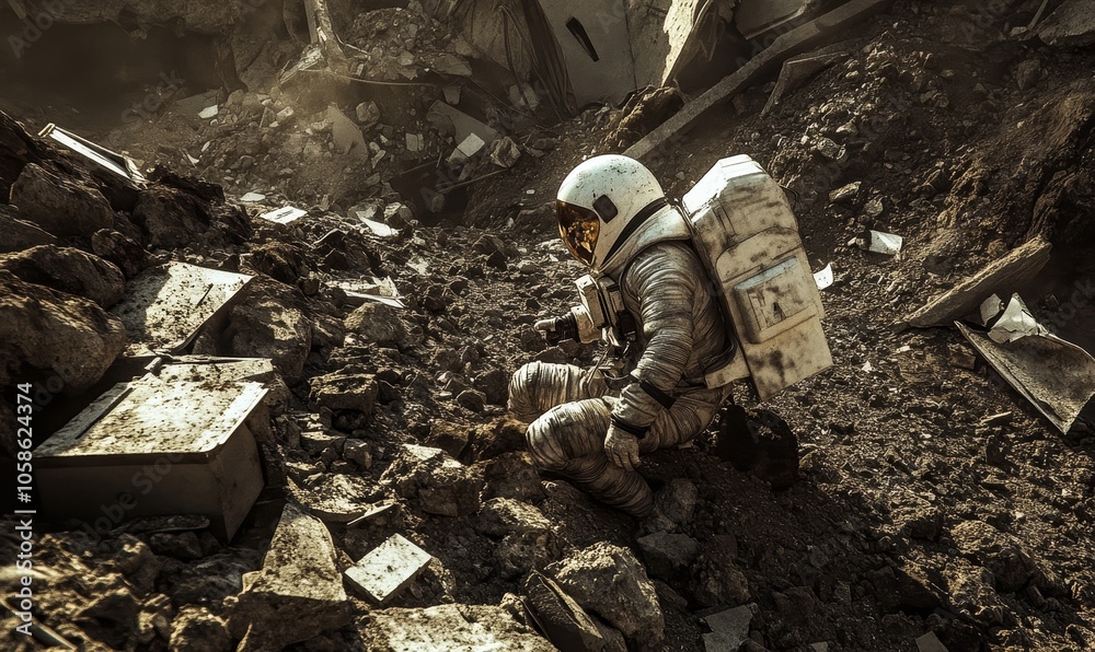 Fototapeta premium Astronaut walks through rubble in a destroyed city.