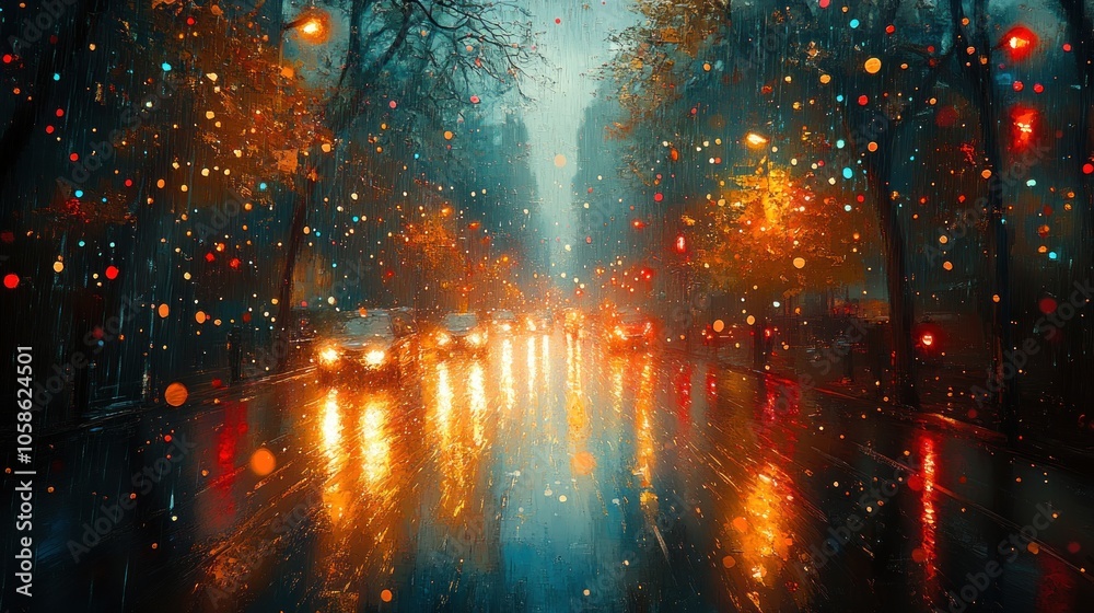 A rainy city street illuminated by colorful reflections.