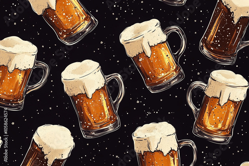 Seamless pattern of beer mugs on a black background