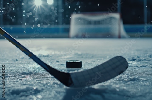Hockey stick with hockey puck on an ice rink near the goal at night, with light reflection and a blurred background. Winter sport concept.