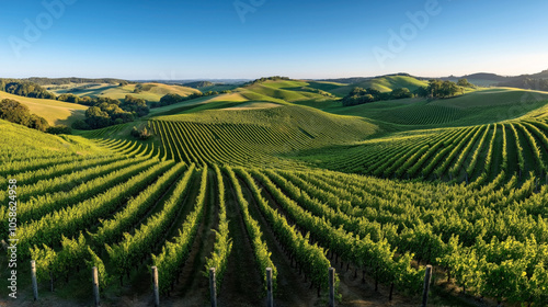 Wallpaper Mural Expansive vineyard landscape with rows of grapevines stretching across rolling green hills under a clear blue sky. Torontodigital.ca