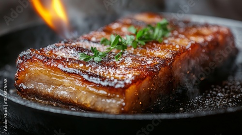 Pork belly torched with maplesalt glaze crisp skin steam herbs photo