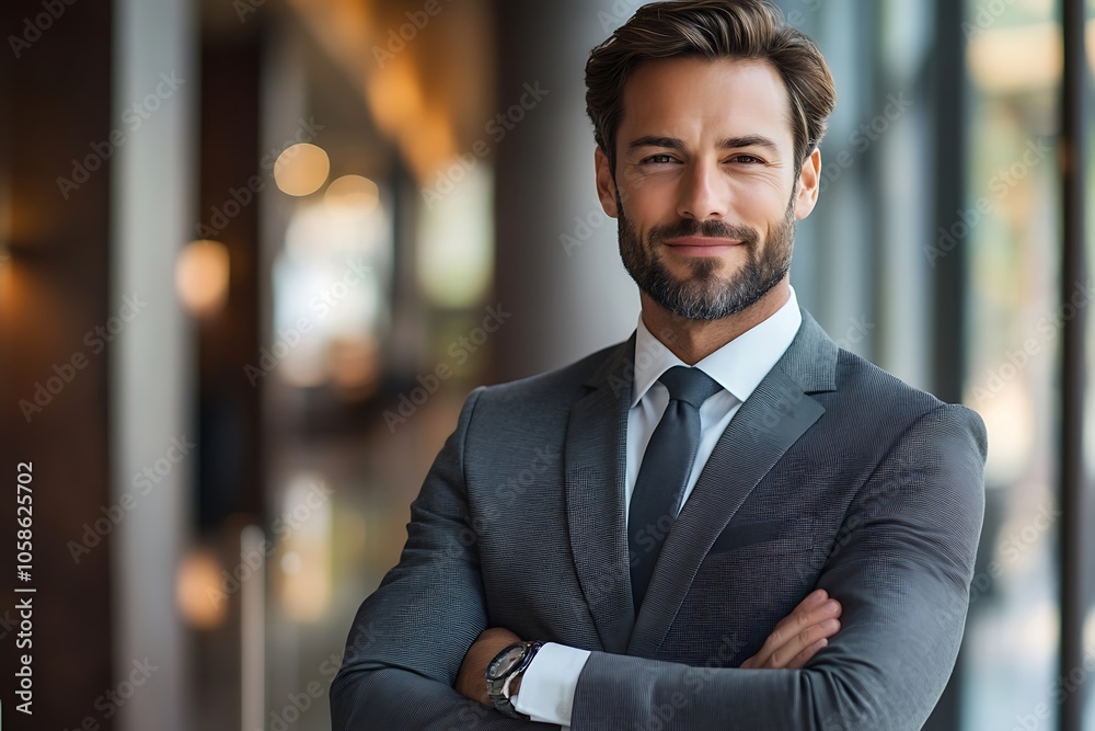 Confident Businessman in Navy Blue Suit and White Shirt Smiling Confident Businessman in Navy Blue Suit and White Shirt Smiling