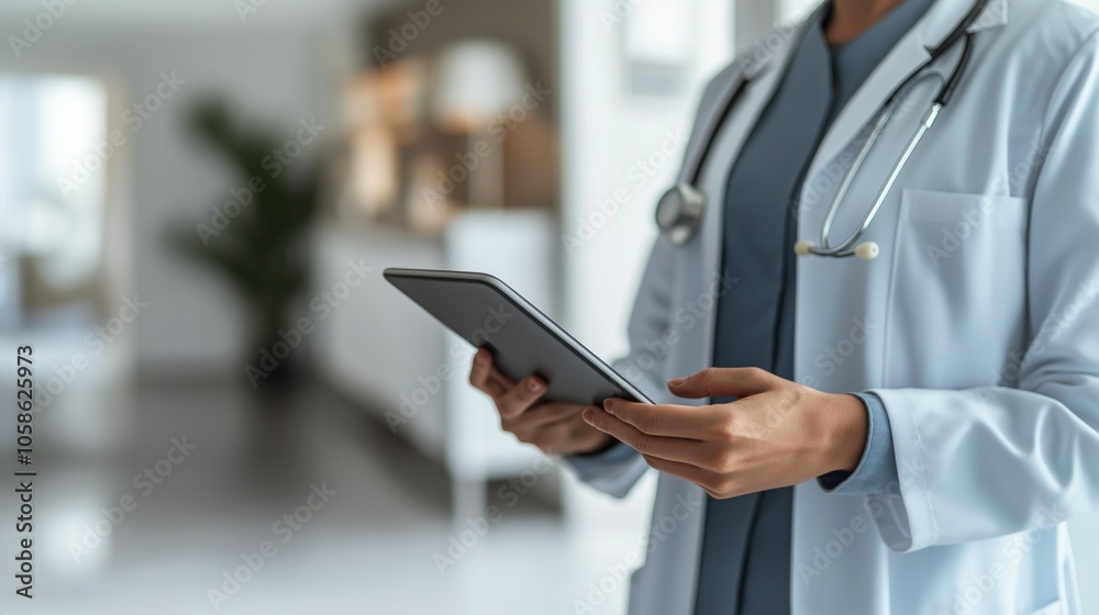 Male doctor holding a tablet in a white coat and holding a patient's medical record. Medical health in hospital Male doctor holding a tablet in a white coat and holding a patient's medical record. Medical health in hospital
