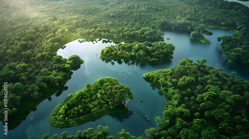 rainforest lakes representing continents for sustainable development. generative ai photo