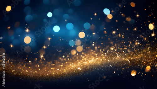 A dazzling background of gold glitter and blue bokeh lights creates a festive and celebratory atmosphere. Perfect for holiday themes, parties, and special events.