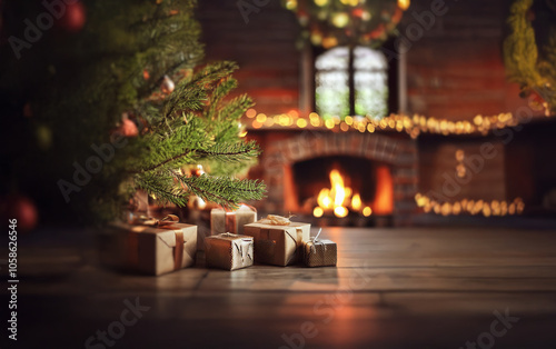 A decorated Christmas tree sits in front of a fireplace with presents in the foreground.