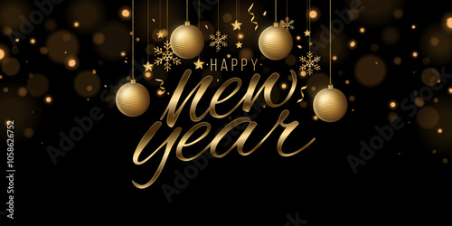 Festive banner for Happy New Year. Golden lettering with decorations from 3d stars, snowflakes, balls and confetti with lights bokeh. Holiday cover design. Vector illustration. EPS 10