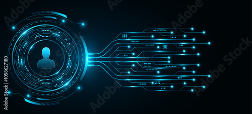 Glowing digital hud circle with AI circuit board for user interface. Futuristic hi-tech panel with electronics details for UI design. Vector illustration. EPS 10