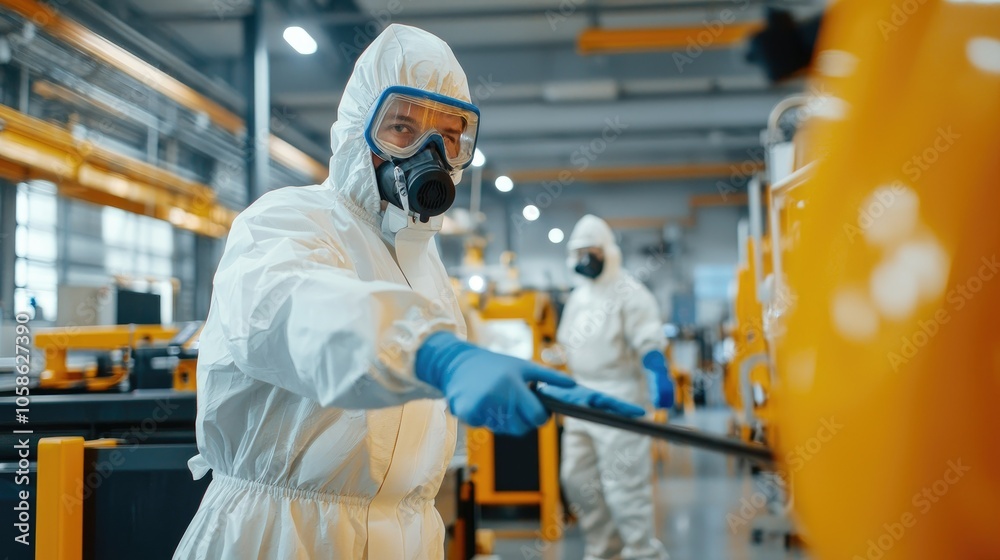 Worker in Protective Gear Operating Machinery on Factory Floor Worker in Protective Gear Operating Machinery on Factory Floor
