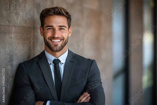 Confident Businessman in Navy Blue Suit Smiling in Office Setting