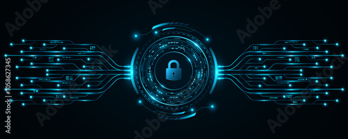 Tech background for unlocking UI system. Lock scan with digital HUD circle and AI circuit board. Touch screen button for user interface. Vector illustration. EPS 10