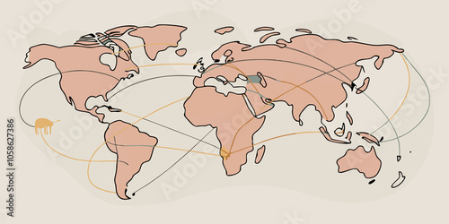 Global Supply Chain A world map with intricate networks for traditional meat importexport routes versus a simplified direct line connecting local labs to consumers for lab meat photo