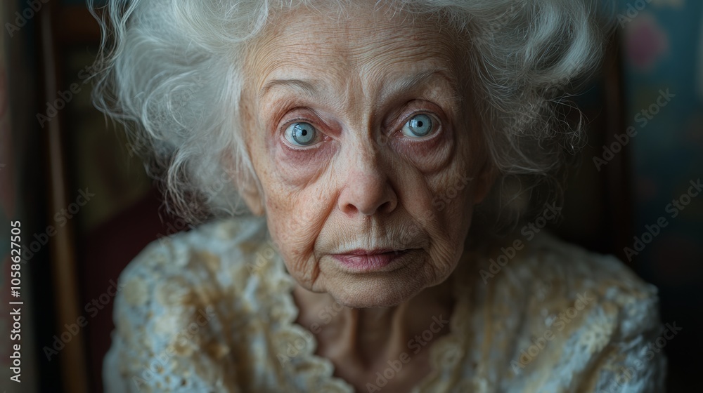 Woman with blue eyes and white hair is sitting in a chair. She has a serious expression on her face Woman with blue eyes and white hair is sitting in a chair. She has a serious expression on her face