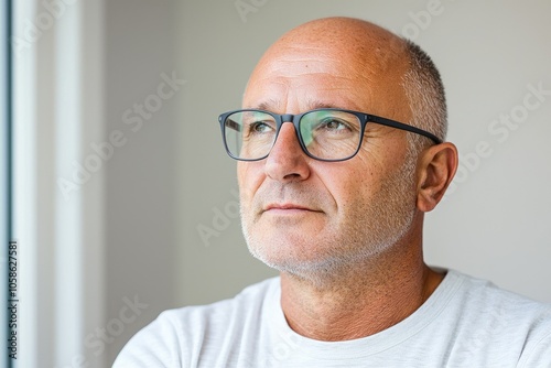 Thoughtful Bald Man with Glasses in Bright Room