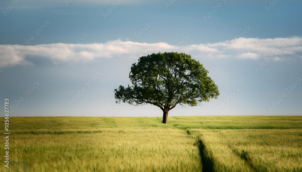 Obraz premium A lone tree stands majestically in an expansive wheat field against a clear blue sky. Symbolizing solitude, nature, and serenity, this landscape captures the beauty of open spaces