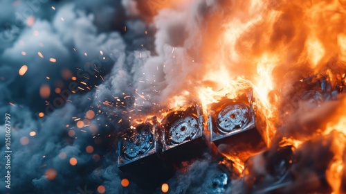 A fire is burning through a pile of computer parts