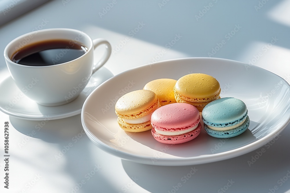 photo of a plate with colorful macarons and a cup of coffee modern graphic styling photo of a plate with colorful macarons and a cup of coffee modern graphic styling