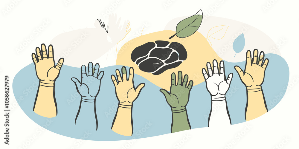 Fototapeta premium Innovation Hands A collage of hands of various colors reaching towards a common goal of a cultured meat product signifying joint efforts in scientific research and development