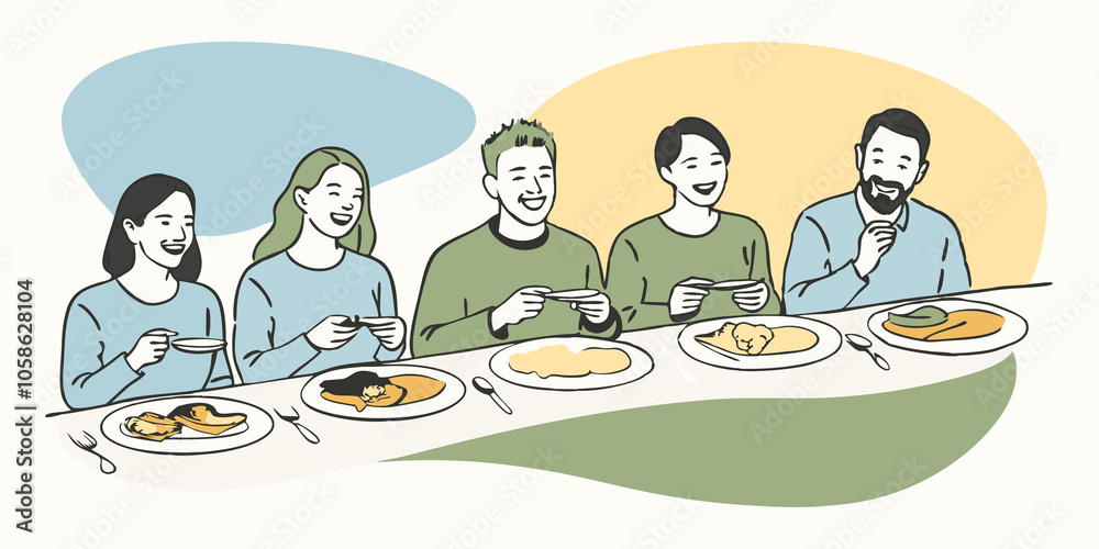 Joyful Tasting Group A diverse group of people at a long communal table smiling as they sample small bites of labgrown meat on colorful plates with feedback forms in front of them.