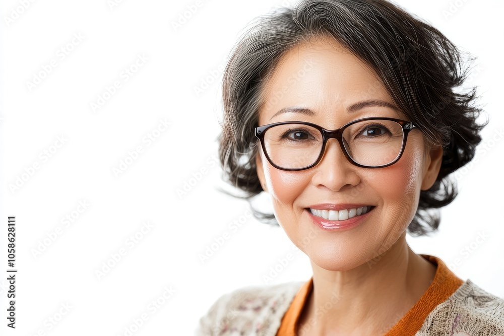 Friendly Middle-Aged Woman with Glasses Smiling Friendly Middle-Aged Woman with Glasses Smiling