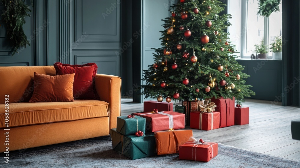 Under a Christmas tree are Christmas presents in all hues. The living area appears festive and is decked out for the holidays. Under a Christmas tree are Christmas presents in all hues. The living area appears festive and is decked out for the holidays.