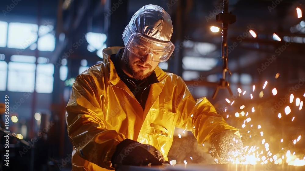Worker in Protective Clothing Pouring Molten Metal