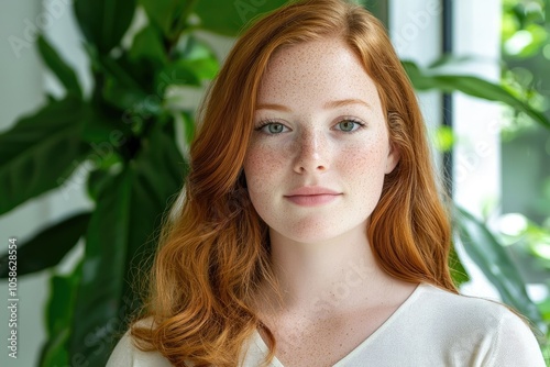 Serious Woman with Freckles Against Green Background