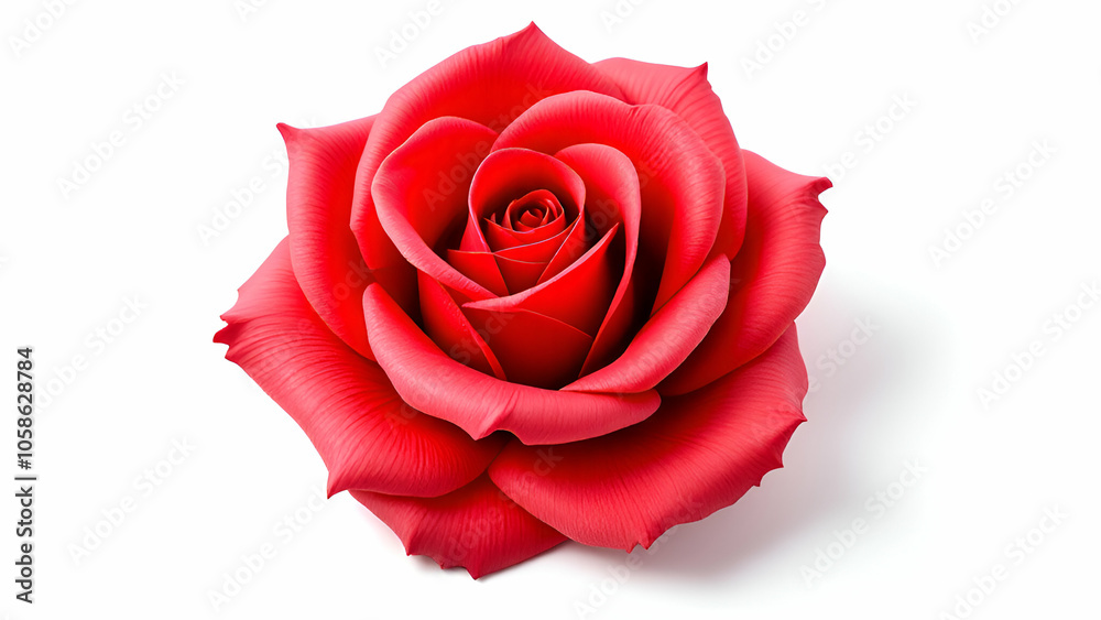 A single, vibrant red rose with delicate petals, isolated against a pristine white backdrop, showcasing its beauty and elegance. A single, vibrant red rose with delicate petals, isolated against a pristine white backdrop, showcasing its beauty and elegance.