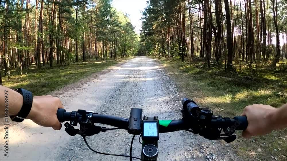 Cyclist rides on a forest road. Man on a mountain bike rides in the forest Cyclist rides on a forest road. Man on a mountain bike rides in the forest