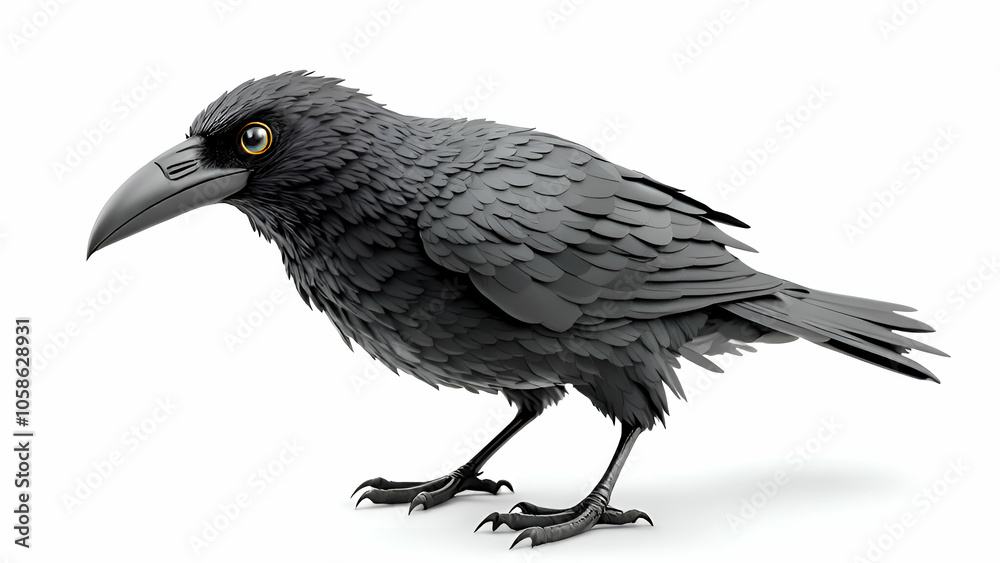 Fototapeta premium A 3D rendered image of a black raven bird isolated on a white background, showcasing detailed feathers, a sharp beak, and piercing yellow eyes.