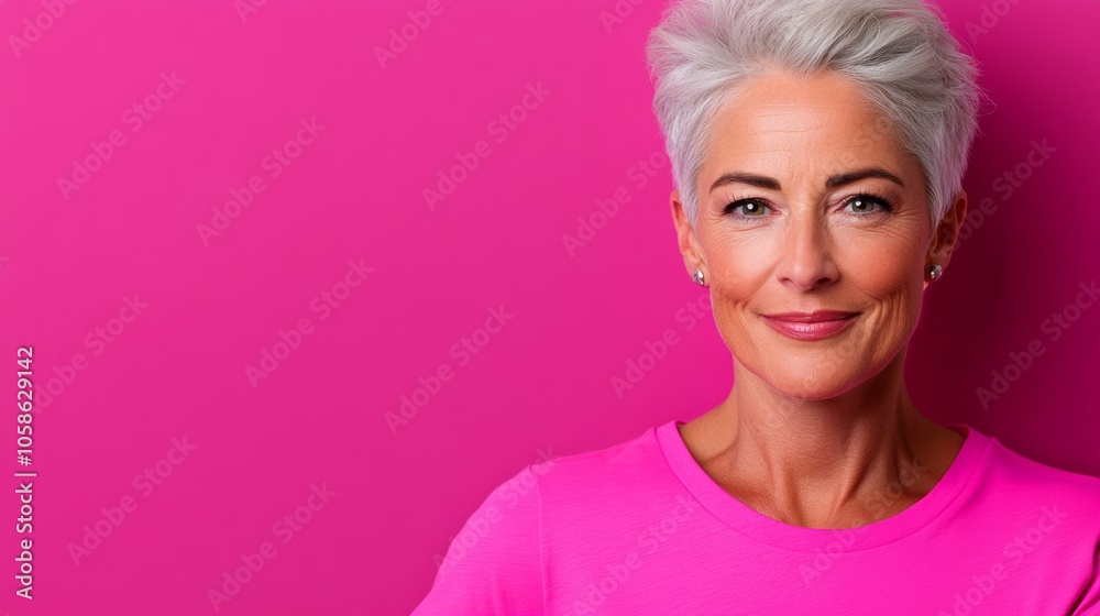 Woman with gray hair is smiling and wearing a pink shirt. She is standing in front of a pink wall Woman with gray hair is smiling and wearing a pink shirt. She is standing in front of a pink wall